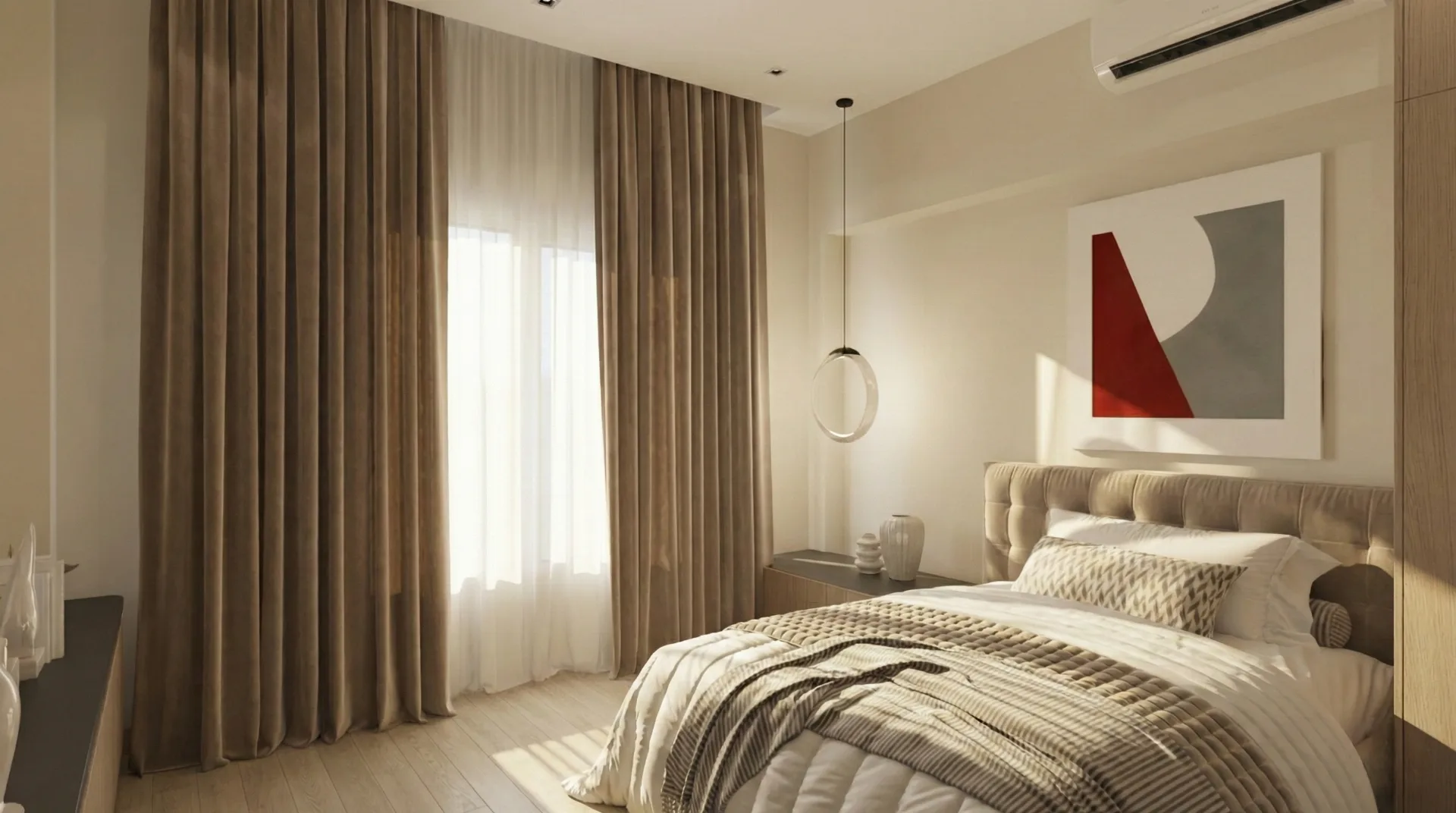 Bright bedroom with abstract art in the La Vista Compound project in New Administrative Capital
