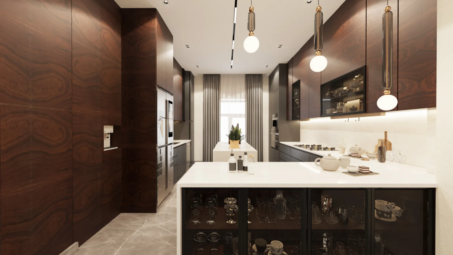 Modern kitchen with pendant lights in the La Vista Compound project in New Administrative Capital