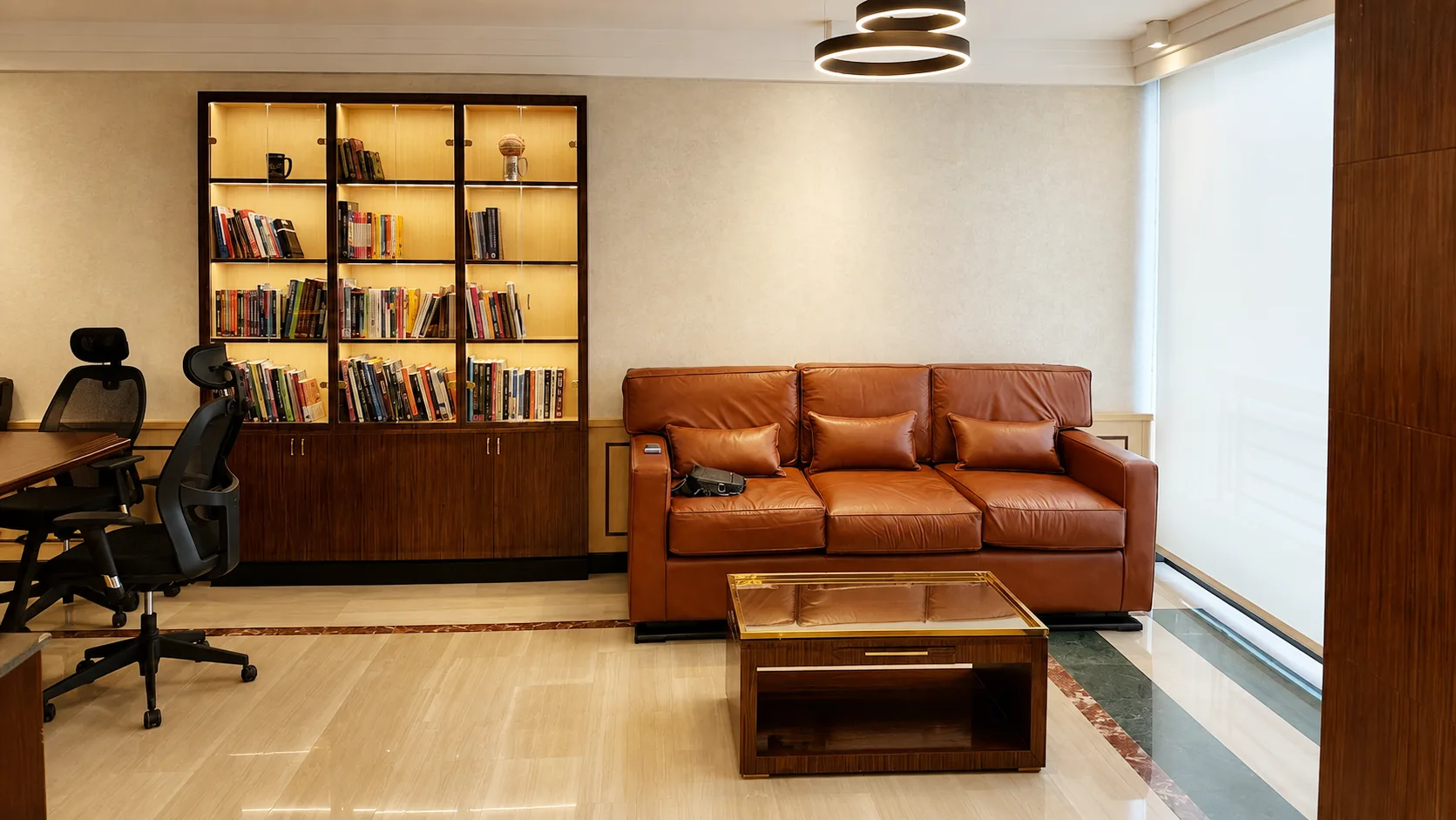 Office lounge with leather sofa in the Dakahlia Group project in Nasr City