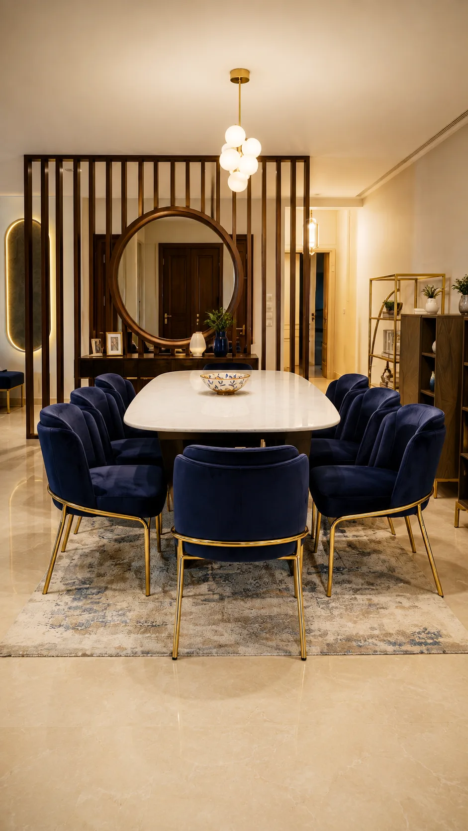 Blue velvet dining chairs in the Oraby Villa project in Oraby - Elobour