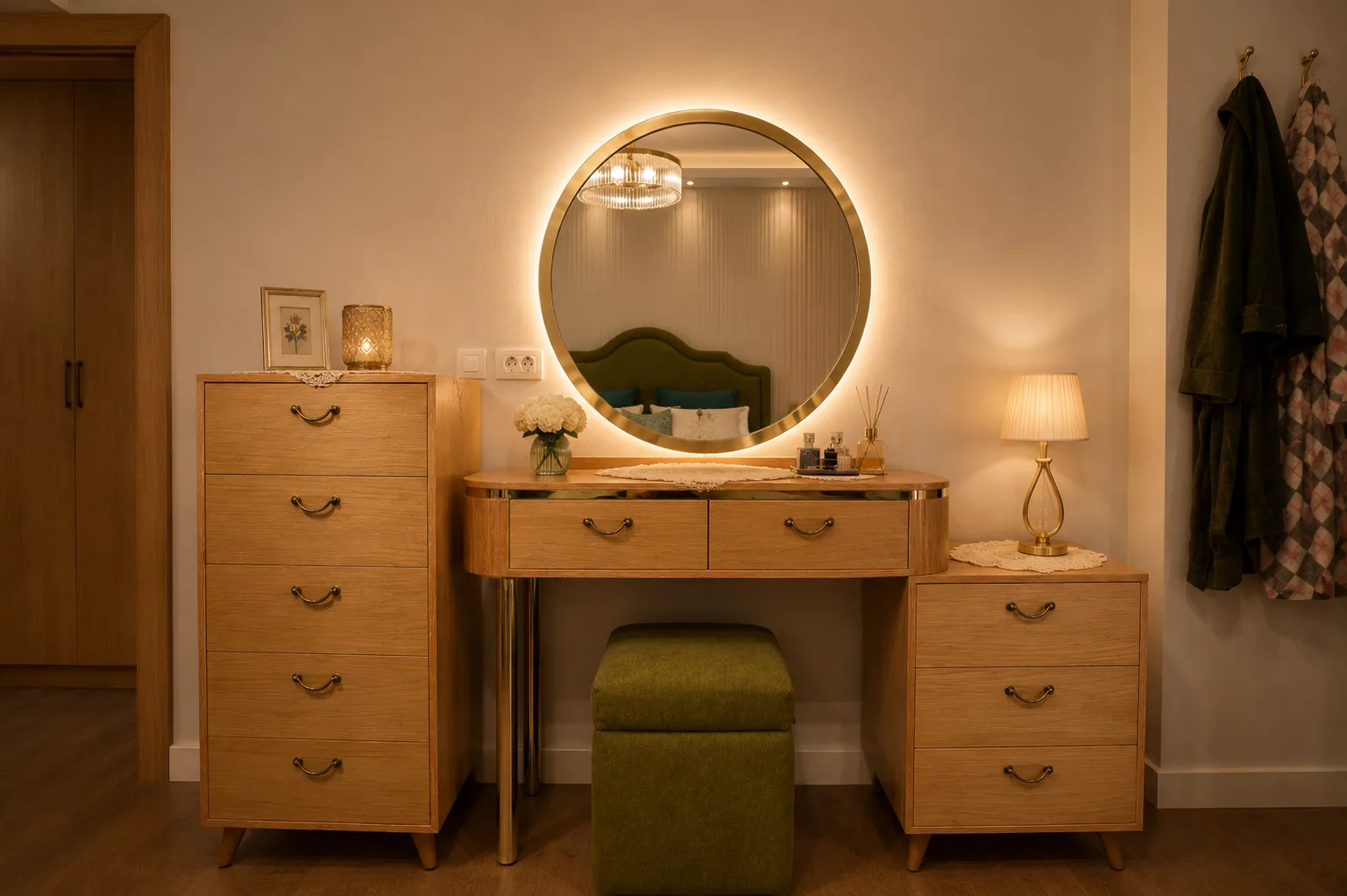 Dressing table with illuminated round mirror in the Mivida Compound project in 5th Settlement