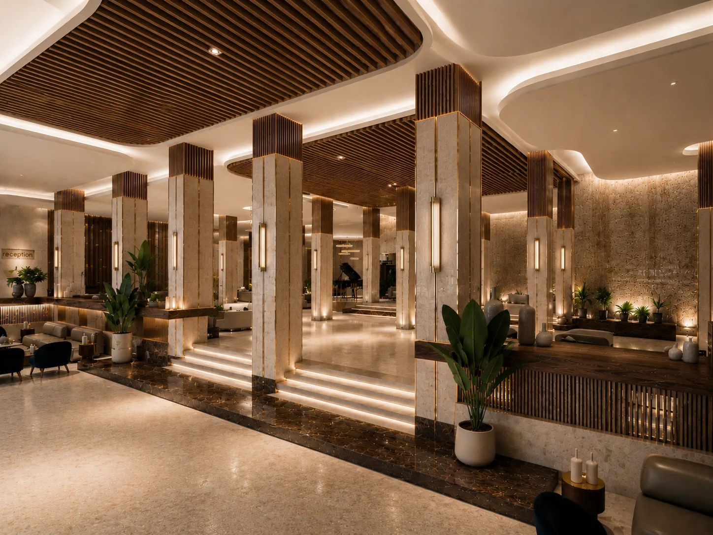 Hotel lobby with columns in the Hotel Reception project in Nasr City