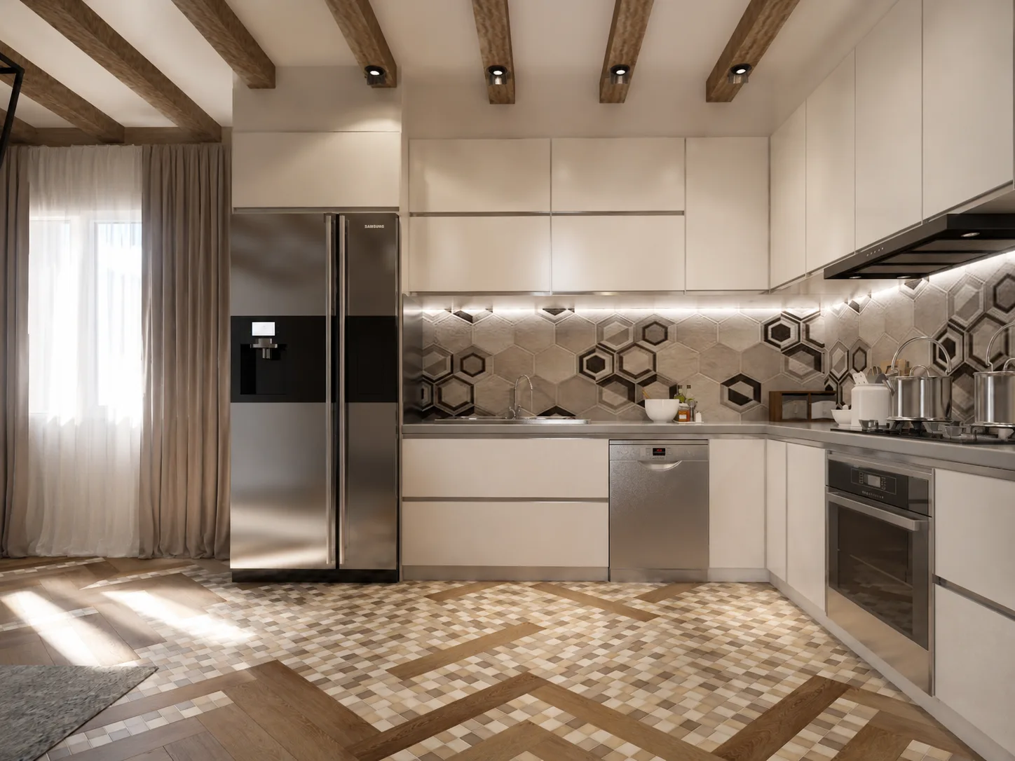 White kitchen with patterned floor in the Rocks Residence Compound project in Katemeya