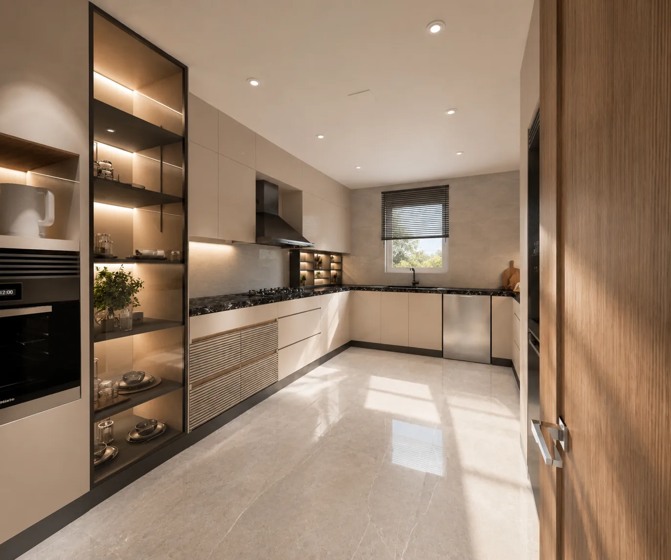 Modern kitchen with timber cabinetry in the Madinaty project in Madinaty