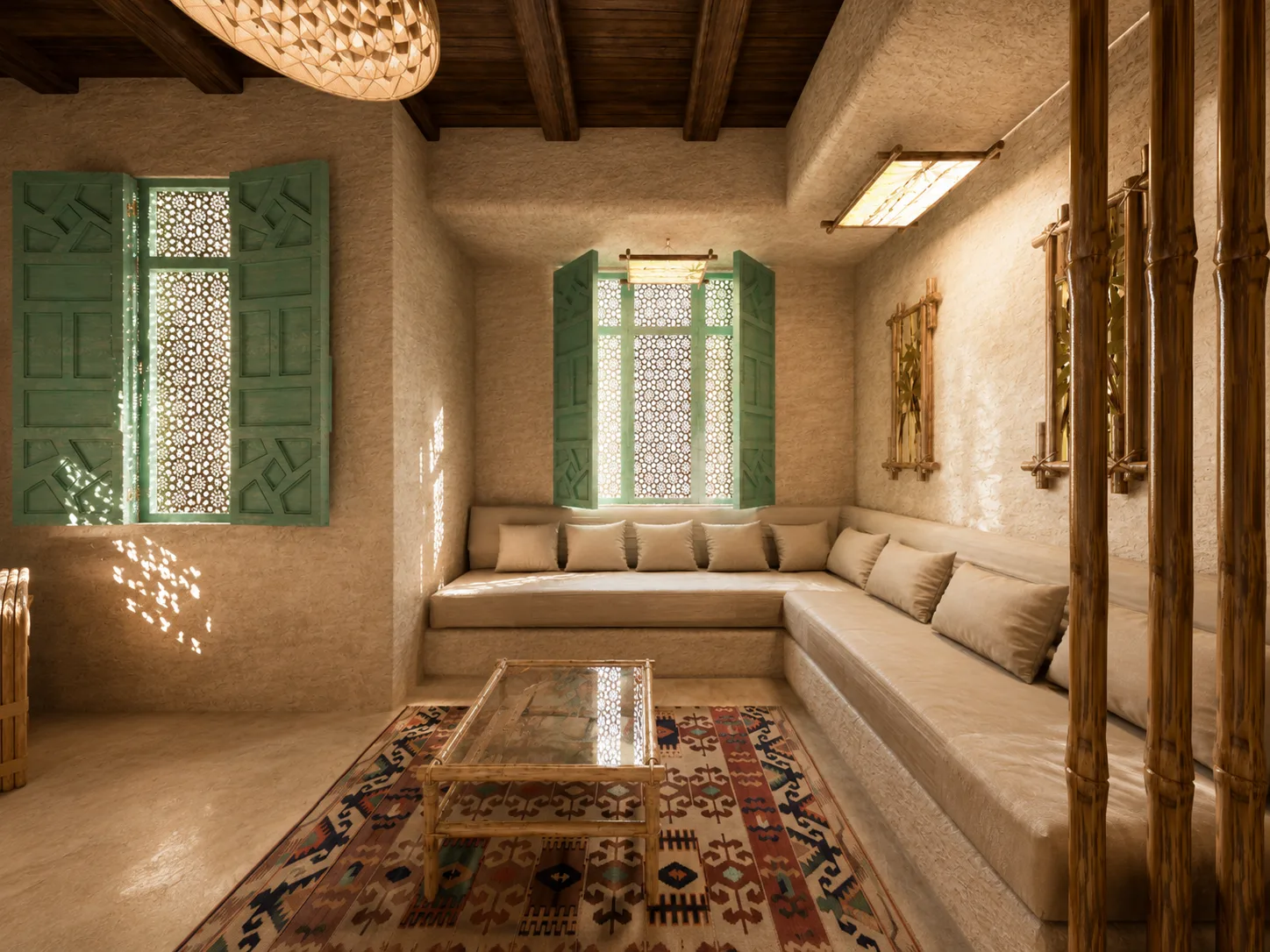 Rustic sitting room with turquoise shutters in the Siwa Oasis project in Siwa Oasis