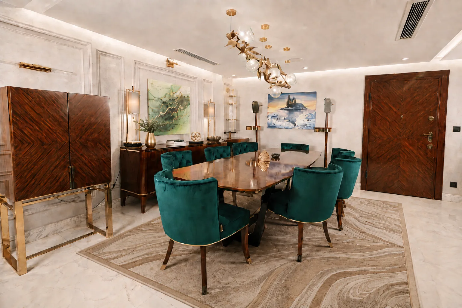 Formal dining room with teal chairs in the Mohandseen Apartment project in Mohandseen