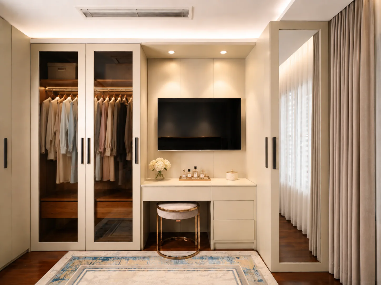 Bedroom dressing wall with open wardrobes in the Mohandseen Apartment project in Mohandseen