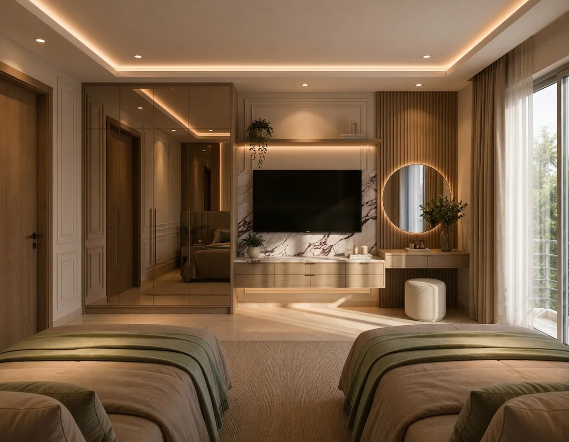 Twin bedroom media wall in the Palm Hills VGK Compound project in 5th Settlement