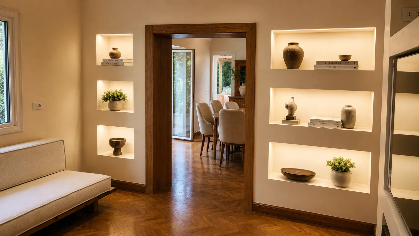 Display niches between living and dining areas in the Maadi Villa project in Maadi
