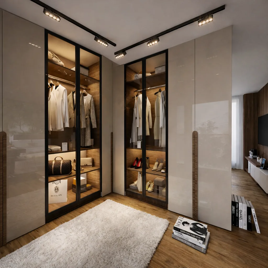 Glass-front walk-in wardrobe in the Kanarya Compound project in 6 October