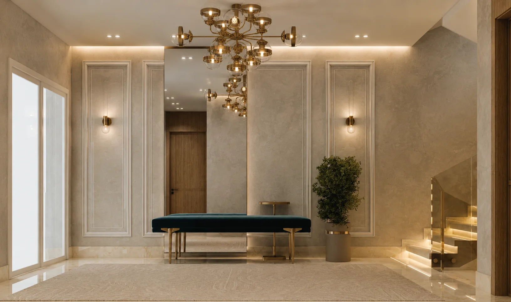 Entrance hall with chandelier and bench in the Madinaty project in Madinaty
