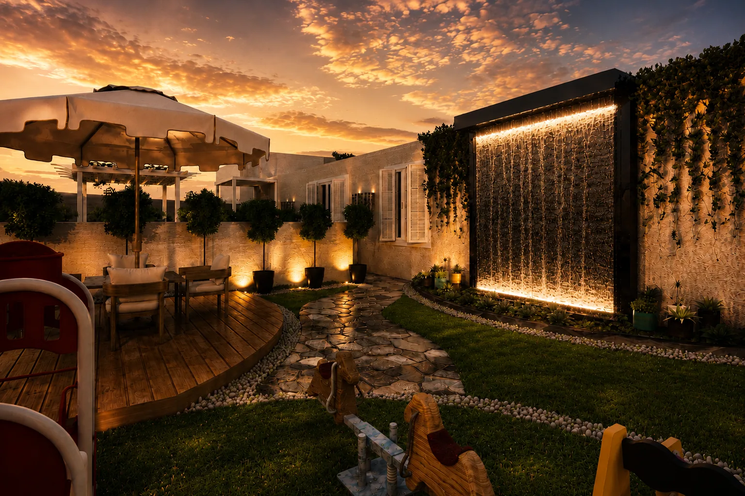 Garden water wall at sunset in the Rocks Residence Compound project in Katemeya