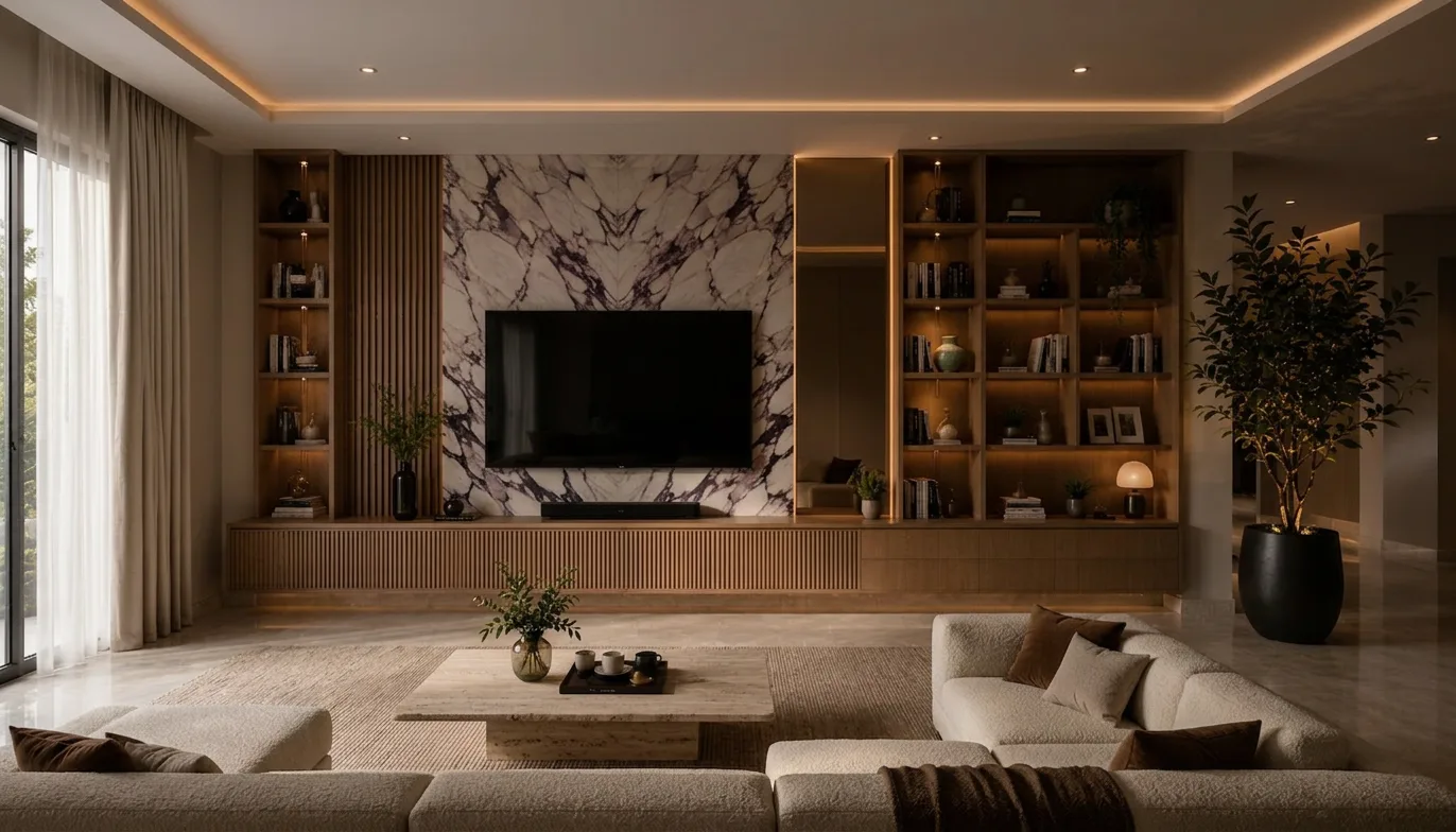 Living room media wall in the Palm Hills VGK Compound project in 5th Settlement