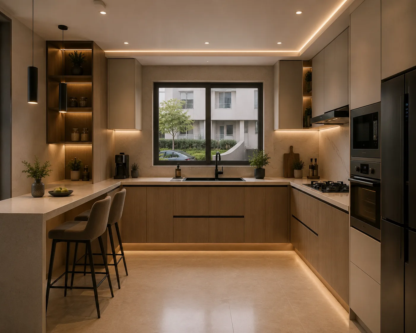 Wood kitchen with breakfast bar in the Palm Hills VGK project in 5th Settlement