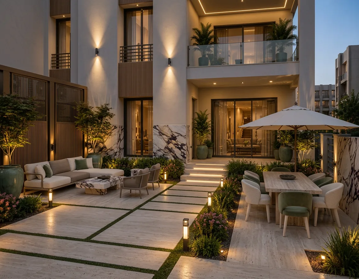 Villa exterior courtyard at dusk in the Palm Hills VGK Compound project in 5th Settlement