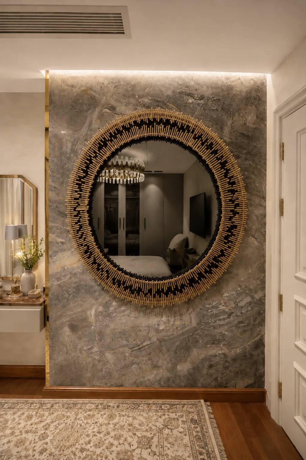 Statement round mirror in bedroom in the Mohandseen Apartment project in Mohandseen