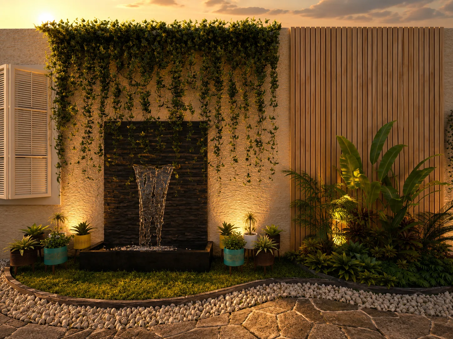 Garden water feature wall in the Rocks Residence Compound project in Katemeya