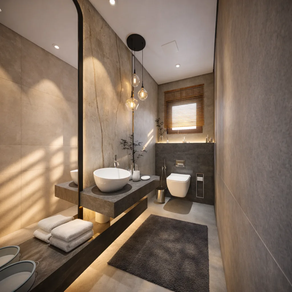 Sunlit concrete bathroom in the Kanarya Compound project in 6 October