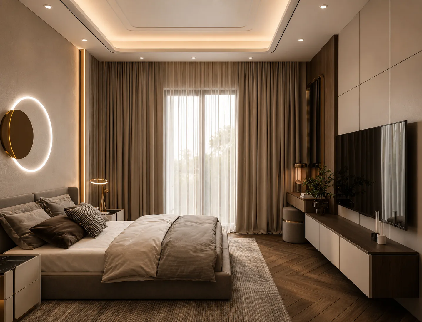 Warm bedroom and media wall in the Madinaty project in Madinaty