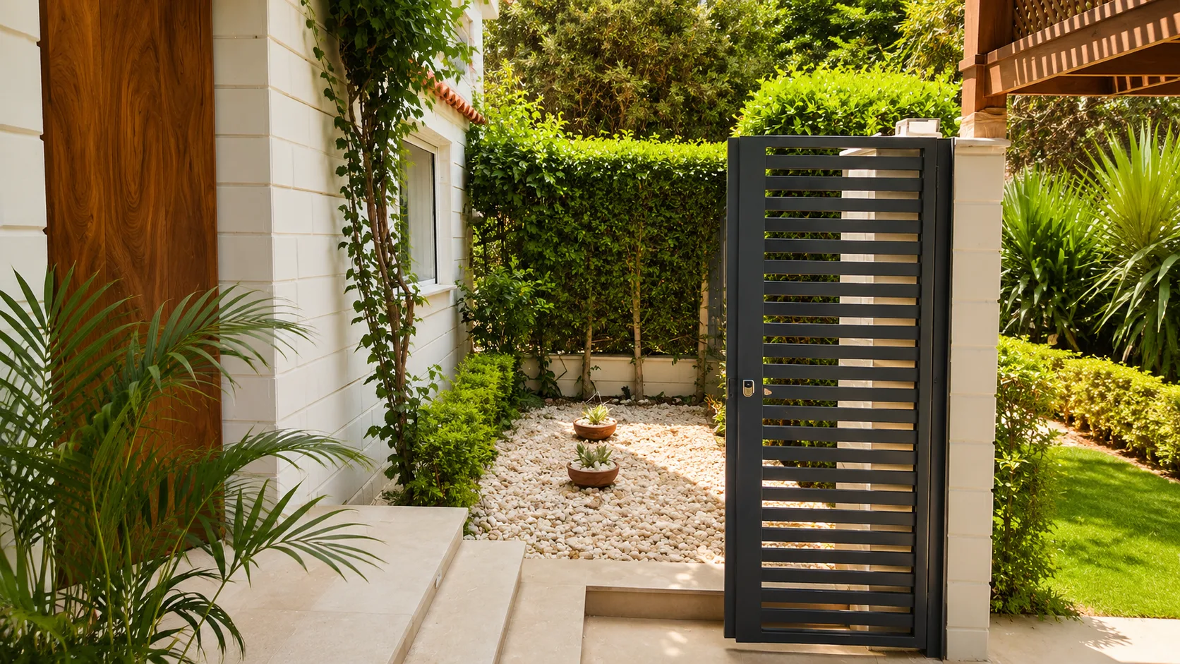 Garden gate and pebble path in the Maadi Villa project in Maadi