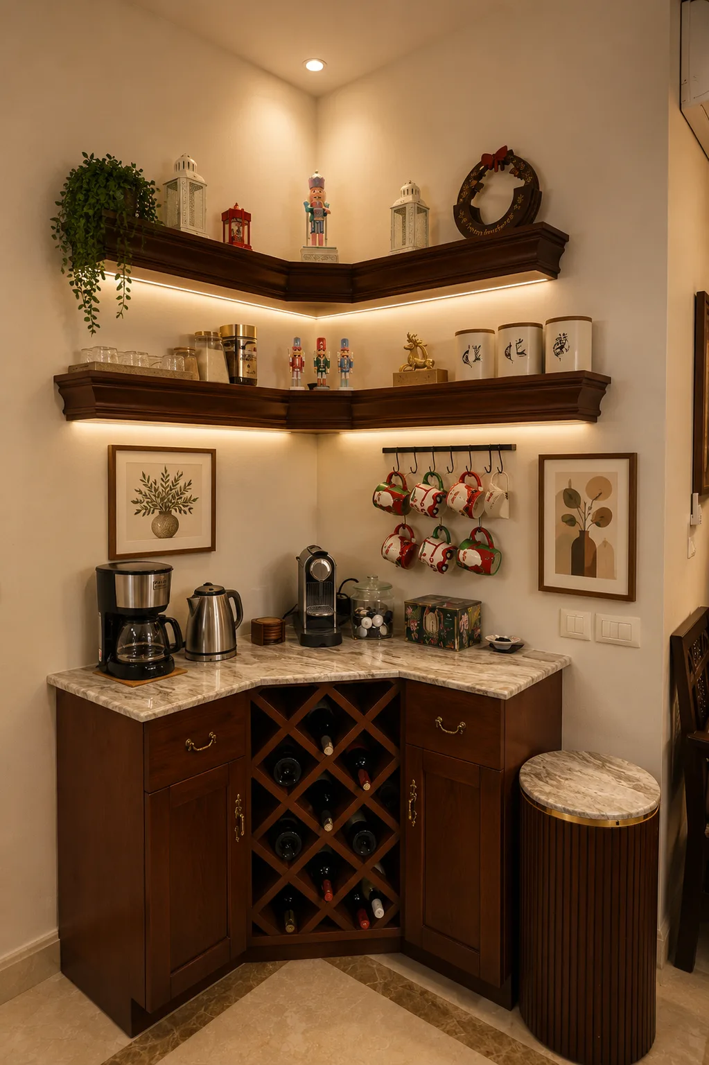 Coffee station and wine rack in the Mivida Compound project in 5th Settlement