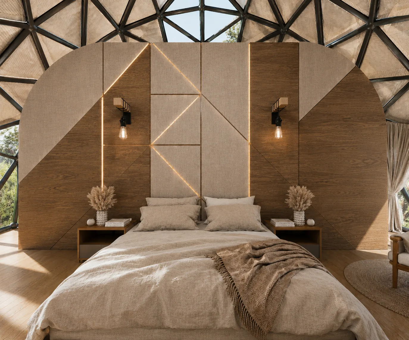 Resort bedroom with geometric timber wall in the Dome Resort project in Sahl Hashish