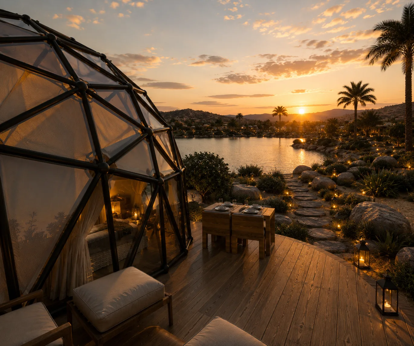 Resort terrace at sunset in the Dome Resort project in Sahl Hashish