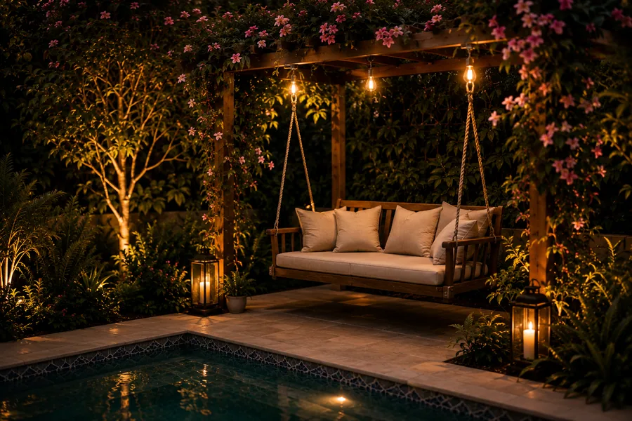 Garden swing beside pool in the Al Gazera Compound project in Elshekh Zayed