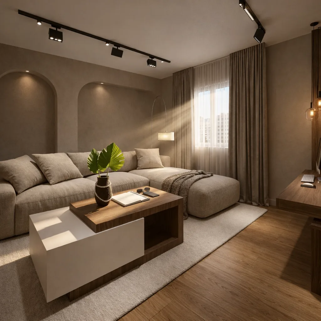 Modern living room with sectional sofa in the Kanarya Compound project in 6 October