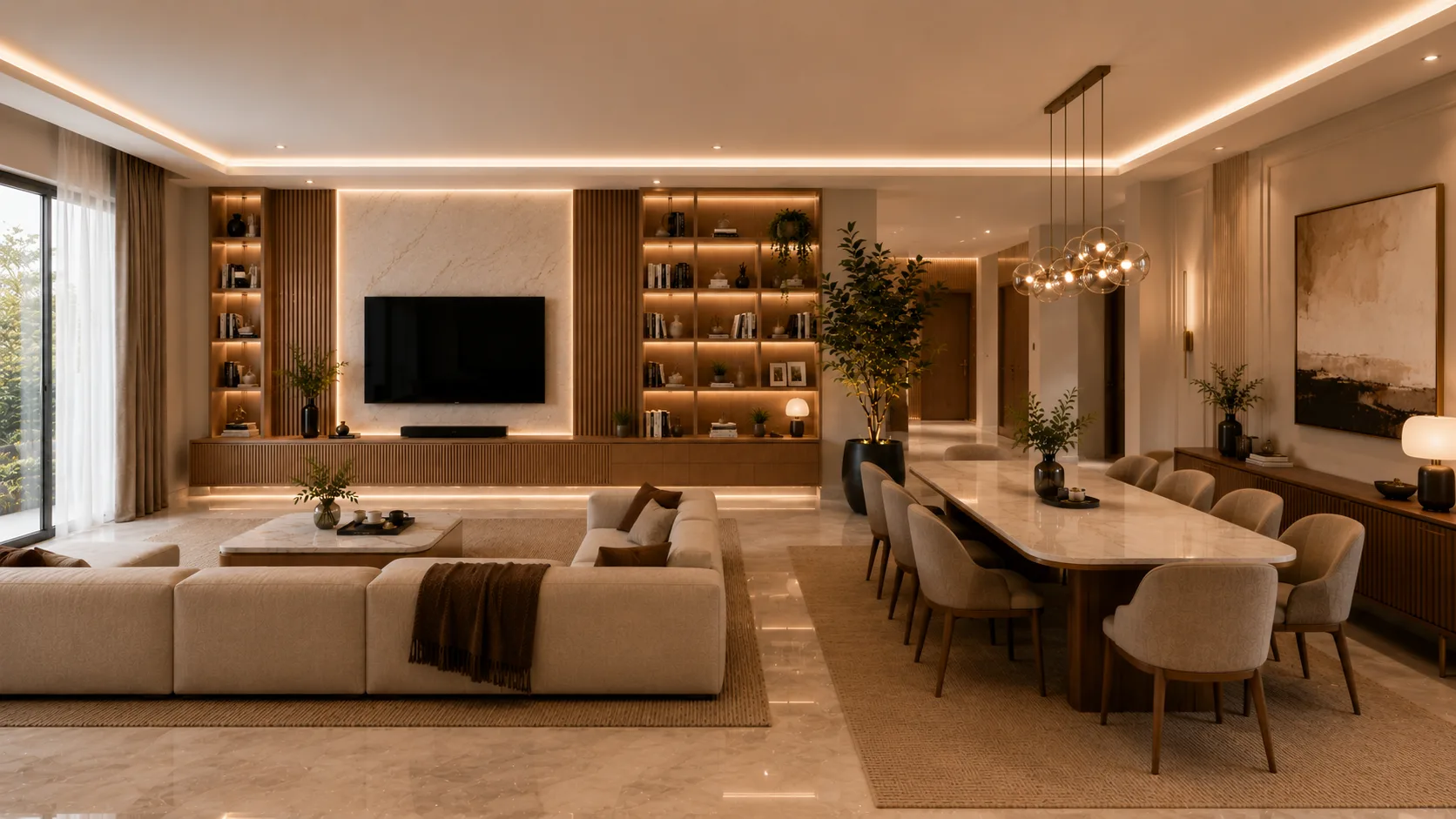 Open-plan living and dining room in the Palm Hills VGK project in 5th Settlement