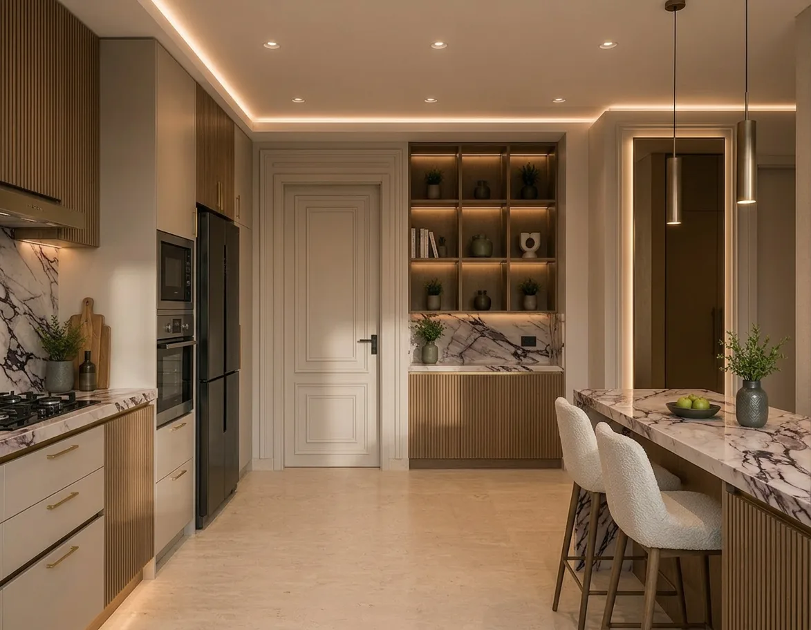 Light kitchen with display shelving in the Palm Hills VGK Compound project in 5th Settlement