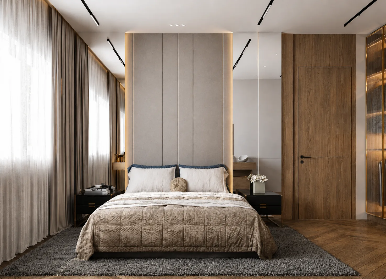 Minimal bedroom with timber wall in the Madinaty project in Madinaty