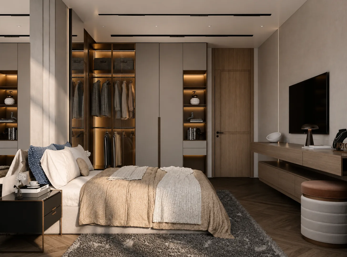 Bedroom with walk-in wardrobe and media wall in the Madinaty project in Madinaty