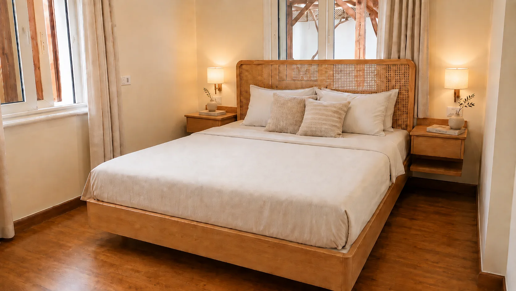 Wood-framed bedroom in the Maadi Villa project in Maadi