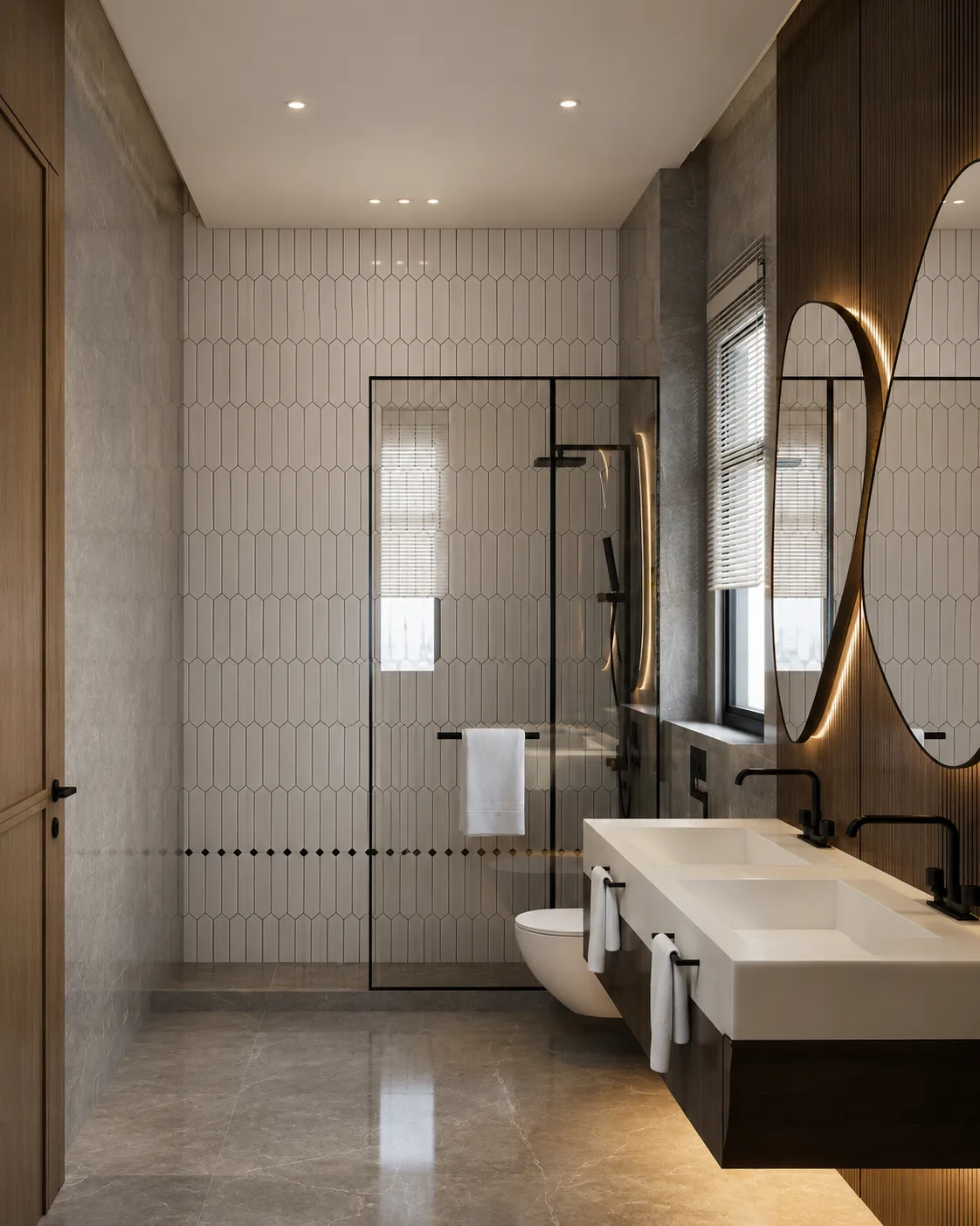 Modern bathroom with oval mirror in the Madinaty project in Madinaty