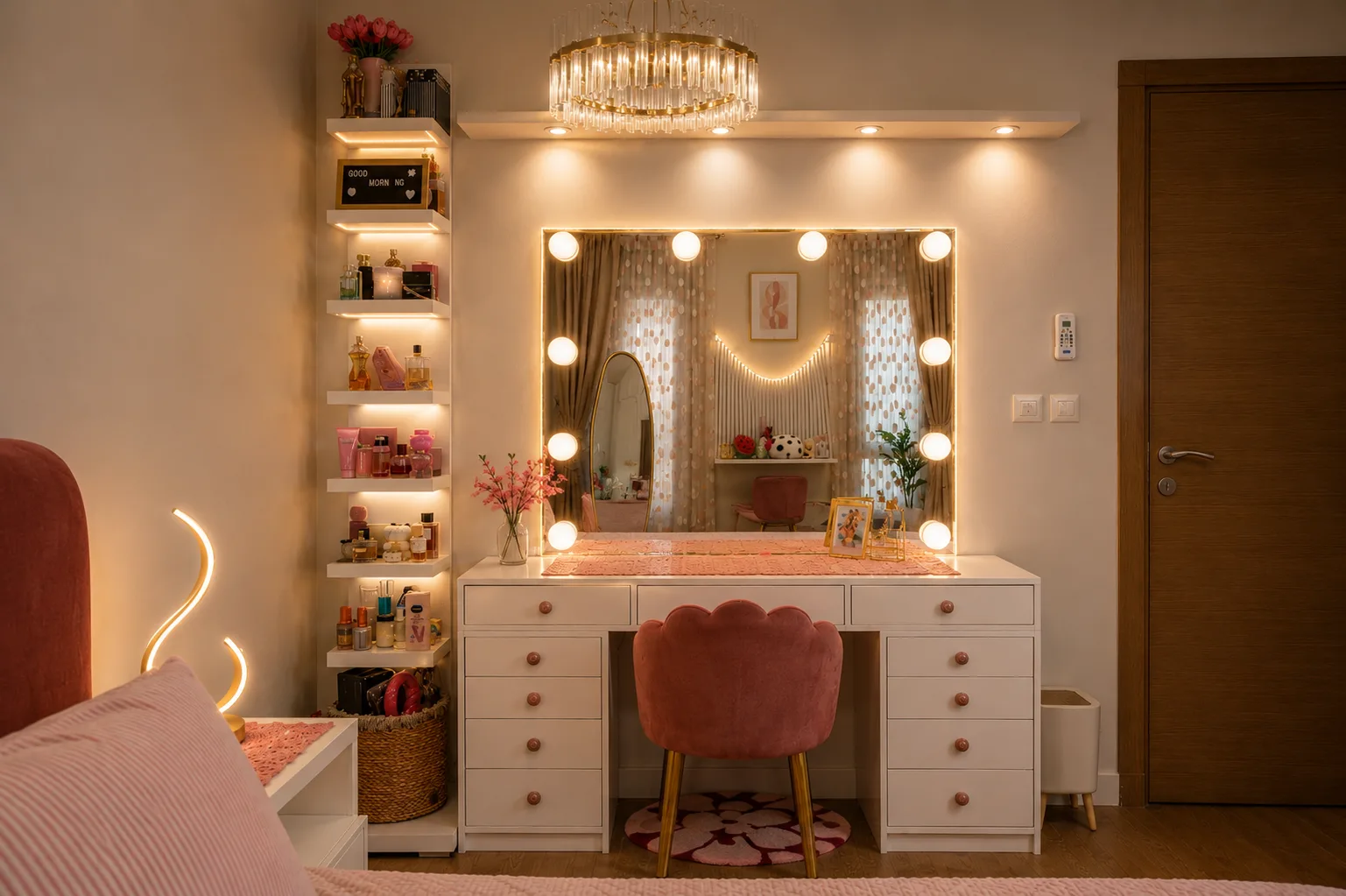 Pink bedroom vanity in the Mivida Compound project in 5th Settlement