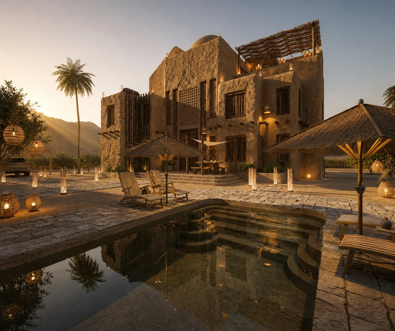 Siwa lodge exterior and pool in the Siwa Oasis project in Siwa Oasis