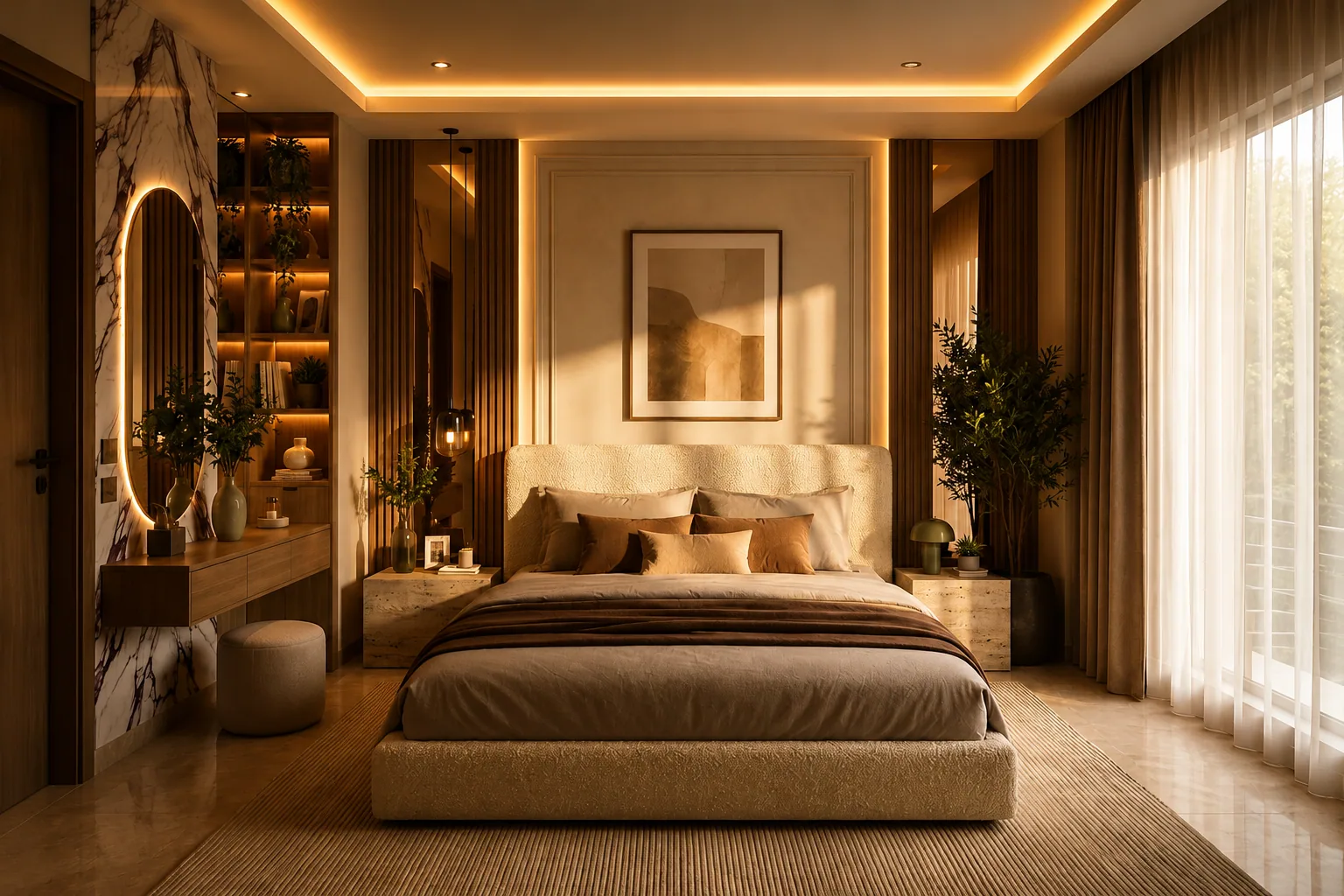 Warm bedroom with integrated shelves in the Palm Hills VGK Compound project in 5th Settlement