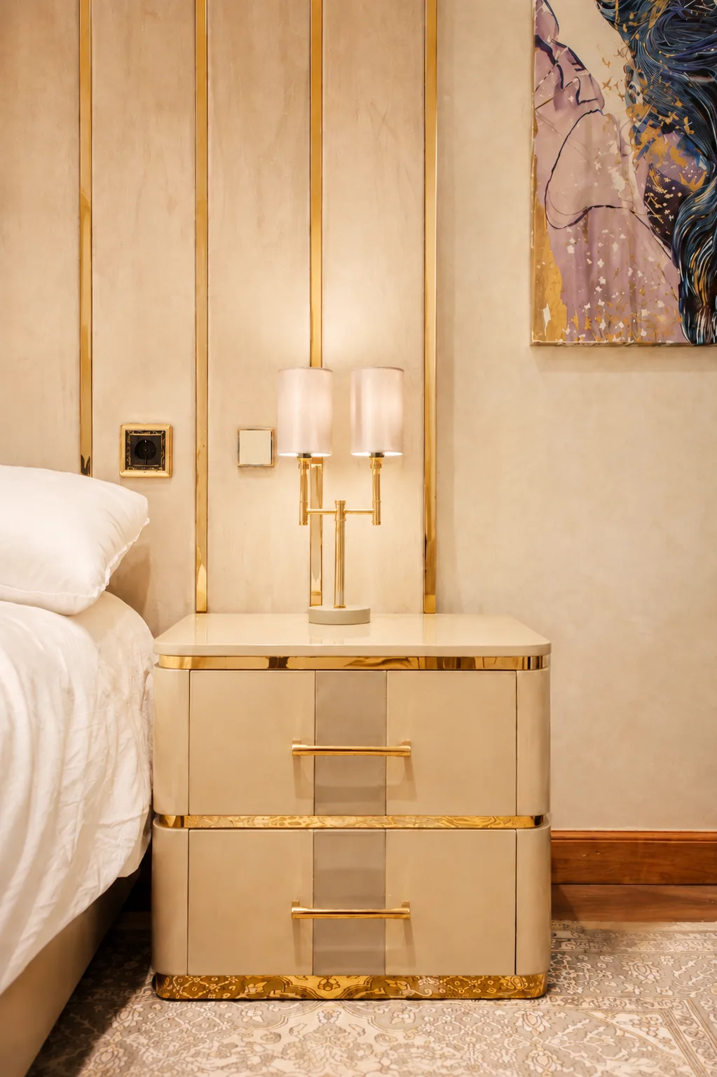 Gold bedside table detail in the Mohandseen Apartment project in Mohandseen