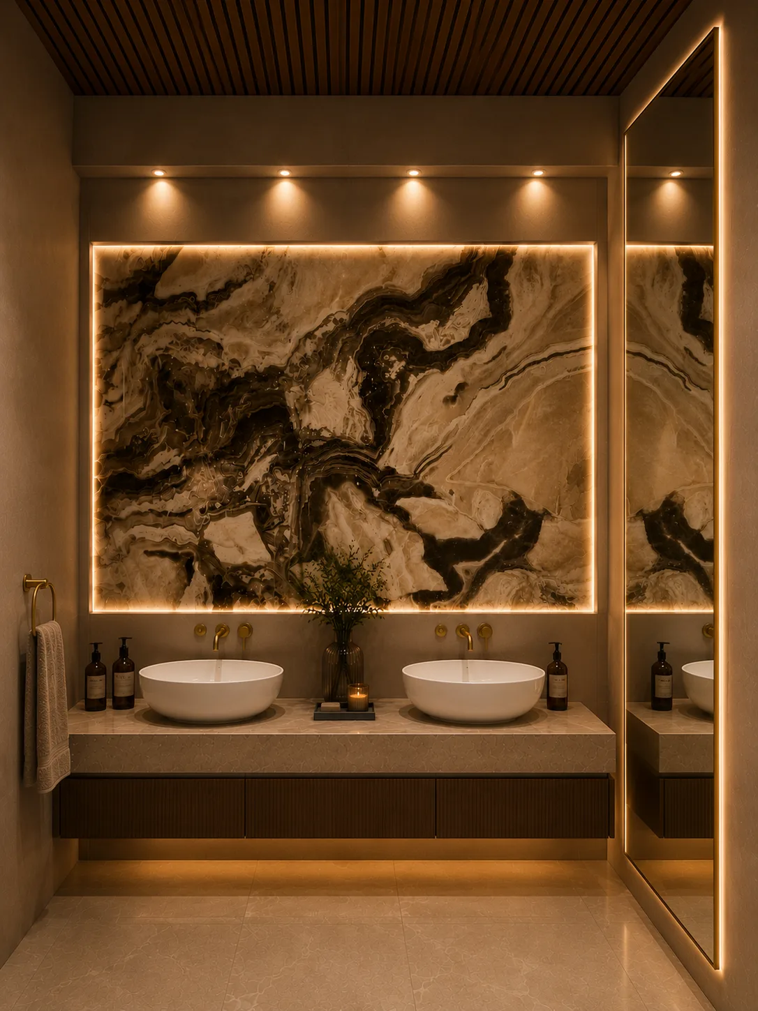 Backlit marble double vanity in the Pyramid Hills Compound project in 6 October