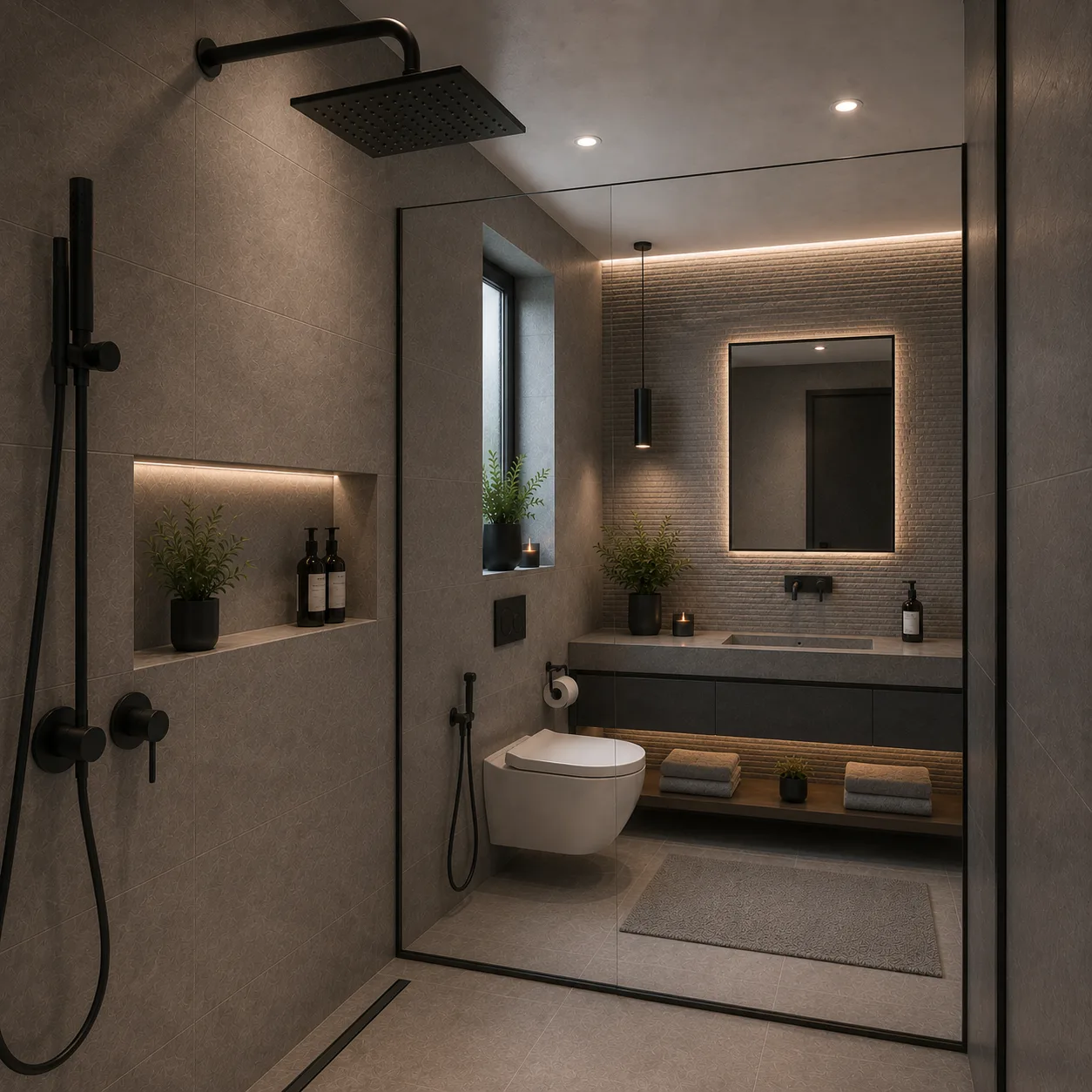 Dark guest bathroom in the Palm Hills VGK project in 5th Settlement