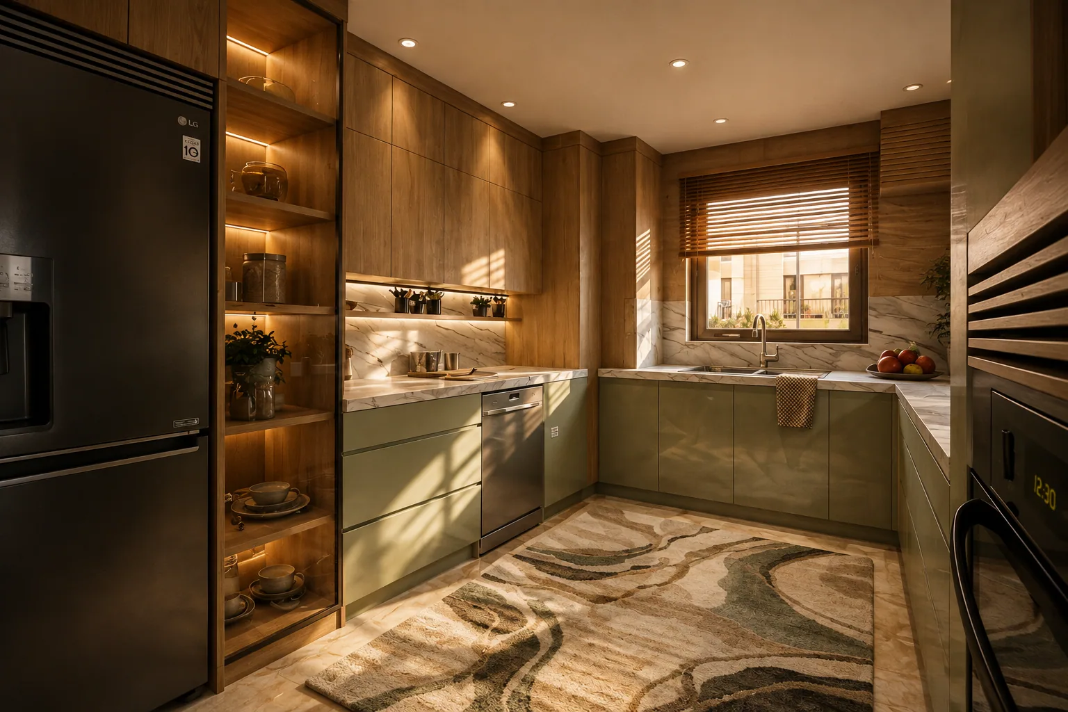 Wood kitchen with green cabinets in the Kanarya Compound project in 6 October