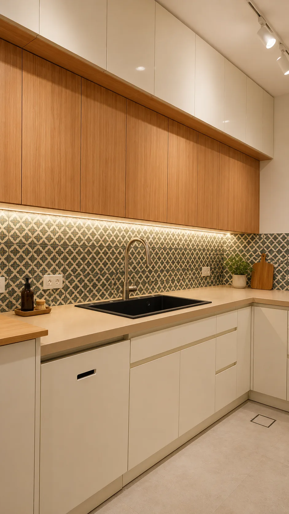 Patterned kitchen backsplash in the Maadi Villa project in Maadi