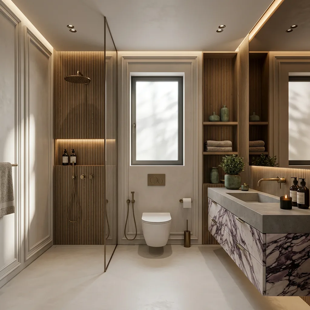 Contemporary bathroom storage wall in the Palm Hills VGK Compound project in 5th Settlement