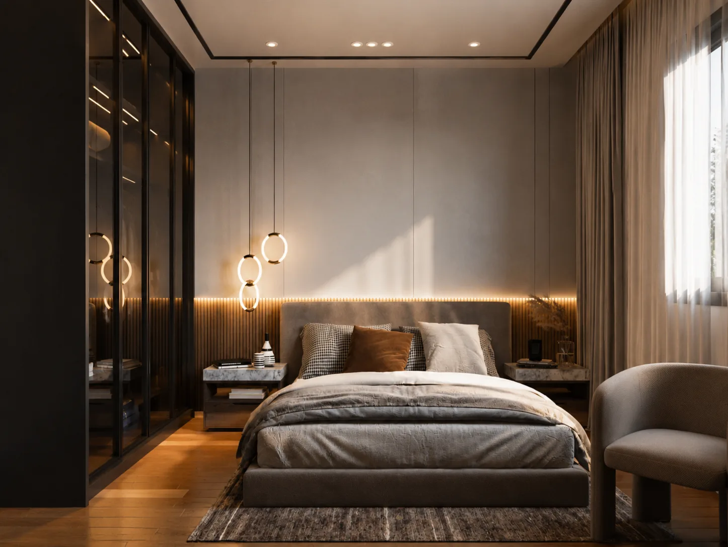 Warm bedroom with glass wardrobe in the Madinaty project in Madinaty