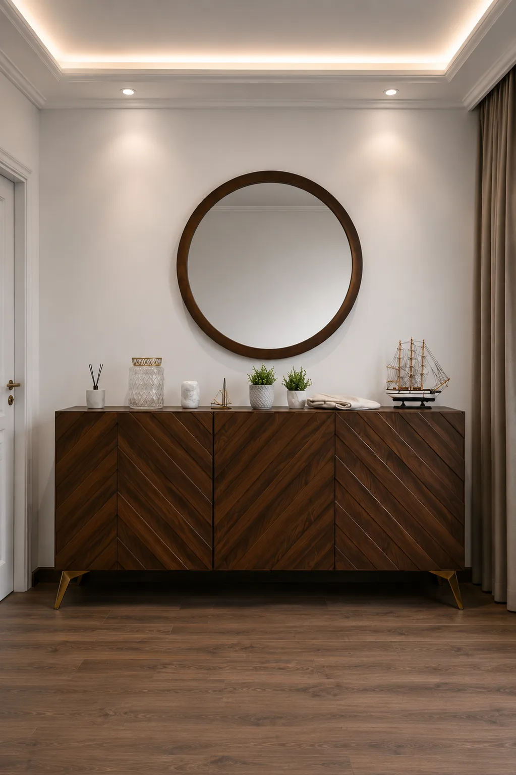 Decorative sideboard and round mirror in the Oraby Villa project in Oraby - Elobour