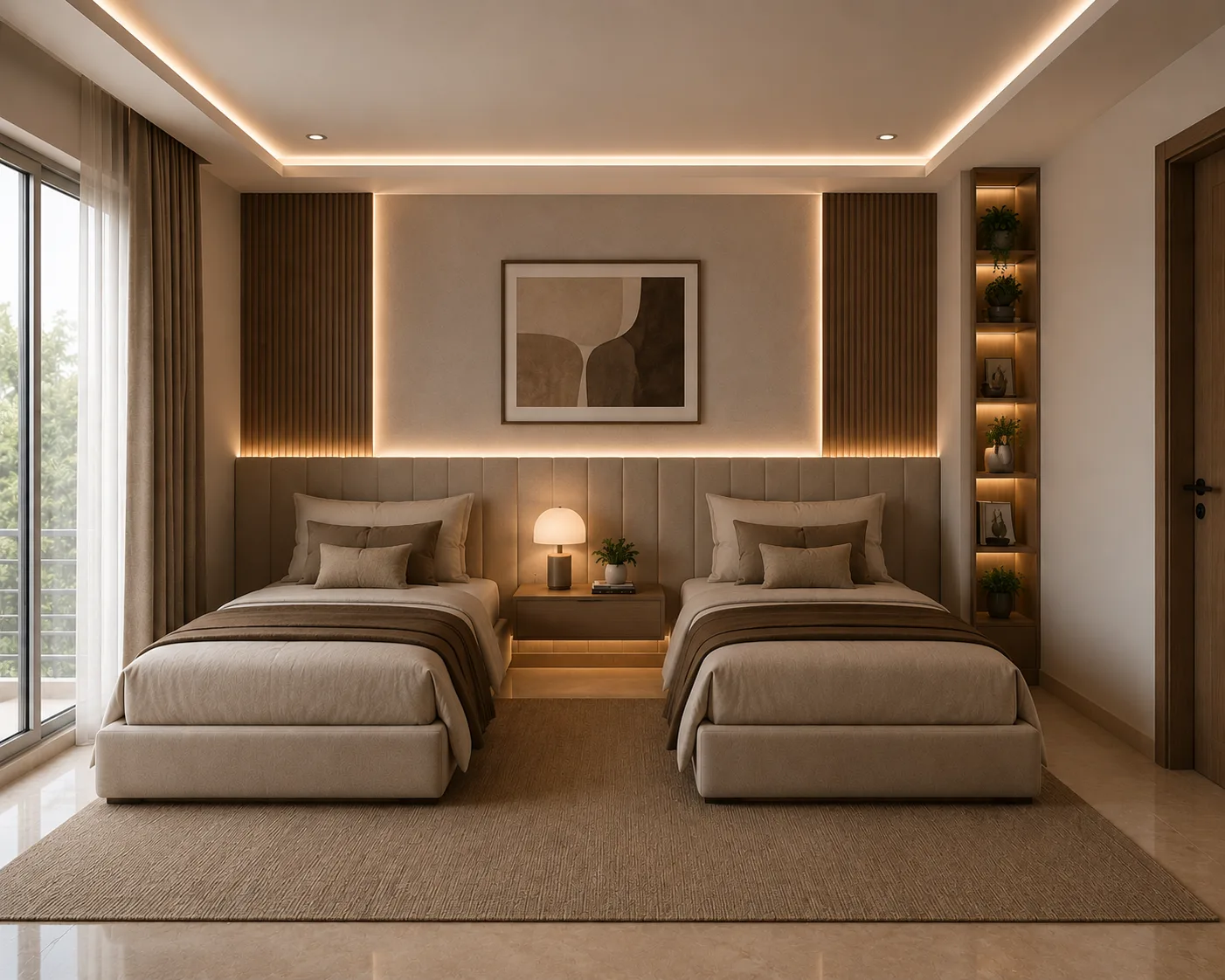 Twin bedroom with garden view in the Palm Hills VGK project in 5th Settlement