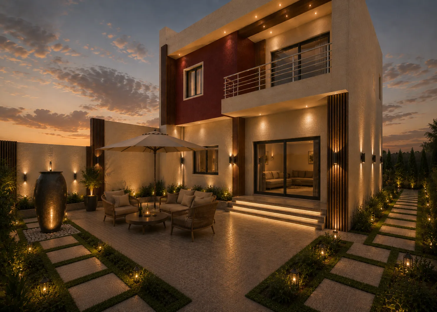 Villa exterior and landscaped courtyard in the Madinaty project in Madinaty