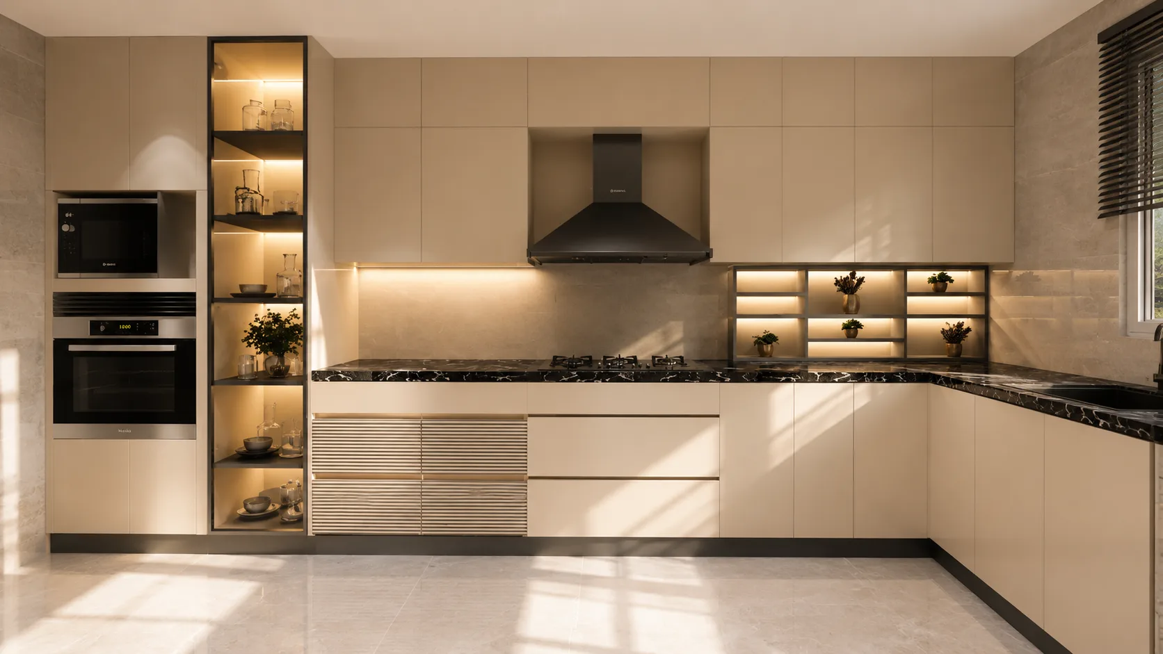 White kitchen with display shelving in the Madinaty project in Madinaty