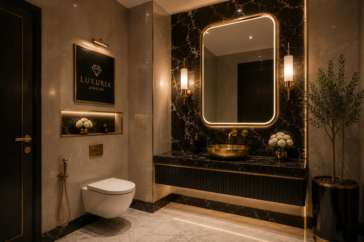 Dark jewellery shop washroom in the Luxuria Jewelry project in Beirut